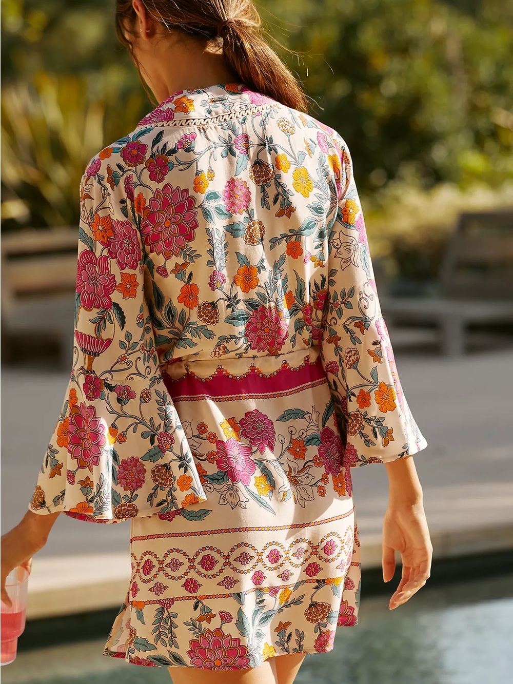 Maaji Cream Floral Tie-Waist V-Neck Dress with Pink & Orange Accents - Picture 2 of 12